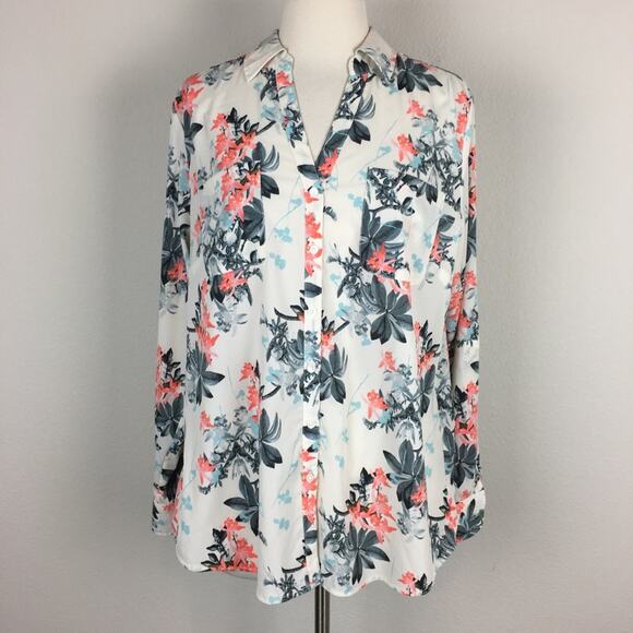 Talbots  Off White Coral Green Nantucket Floral Top Large - Picture 1 of 7